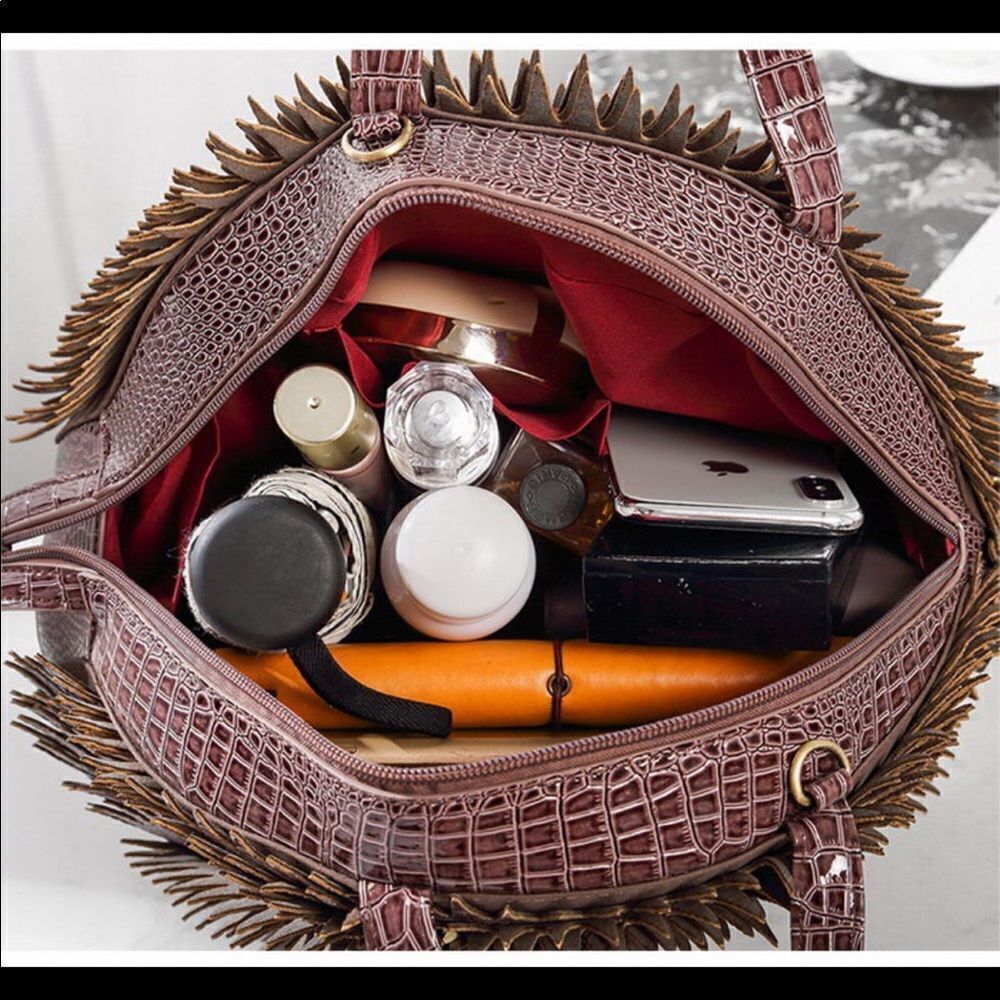 HEDGEHOG NOVELTY BAG PURPLE CROC EMBOSSED SATCHEL UNIQUE STATEMENT HANDBAG - Picture 8 of 15